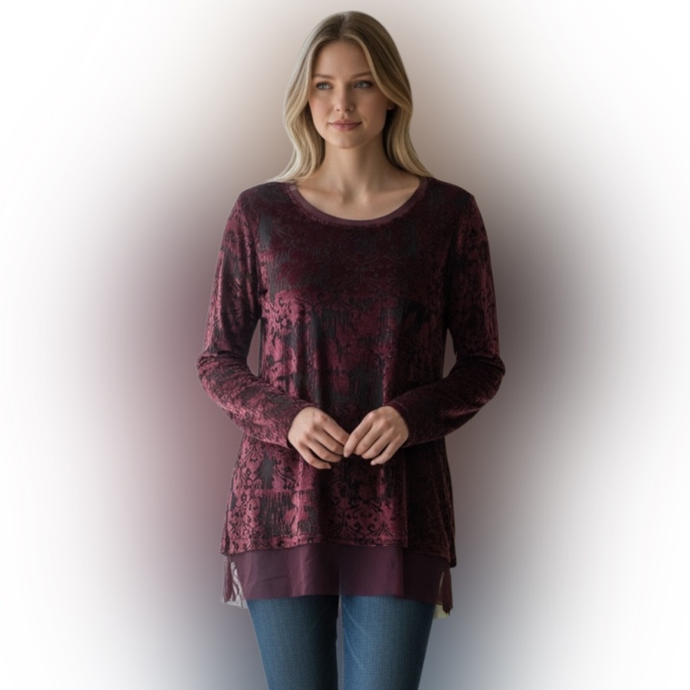 Simply Vera Wang Velvet Long Sleeve Top - Deep Burgundy